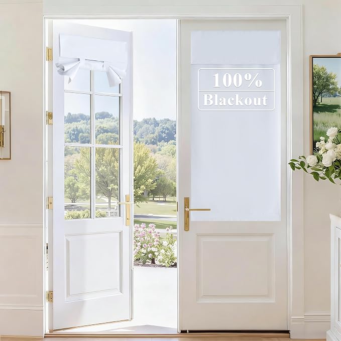 RYB HOME 100% Blackout Door Curtains, French Door Window Cover, Pure White | Self Adhesive, Privacy Glass Window Blind, Small Window Drape, Thermal Insulated, W30 x L40, 1 Panel by RYBHOME