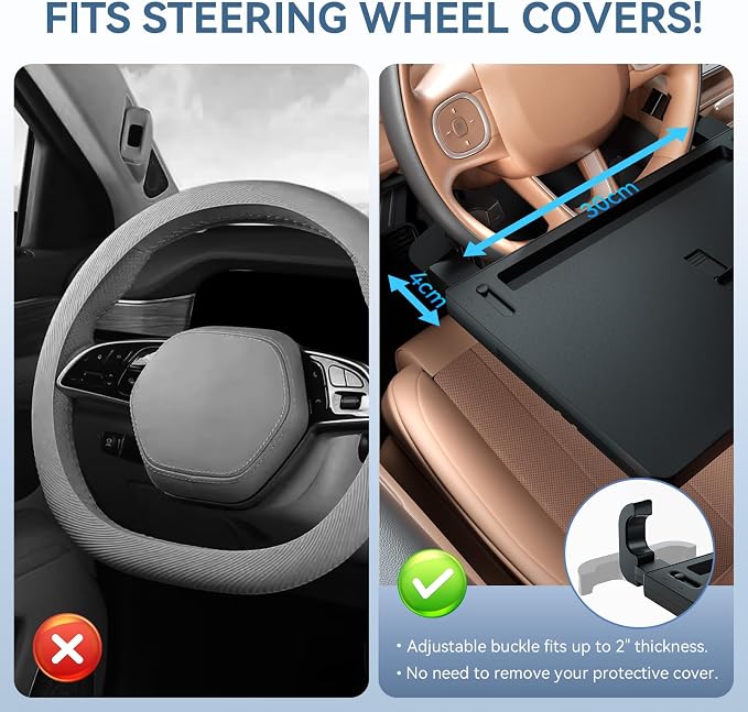 Extendable Steering Wheel Tray, Adjustable Car Laptop Desk Table | ABS, 22 lb capacity, 15-26 in extendable tray, 360° buckle, tablet slot, fold-flat storage, for parked work and dining - Image 5