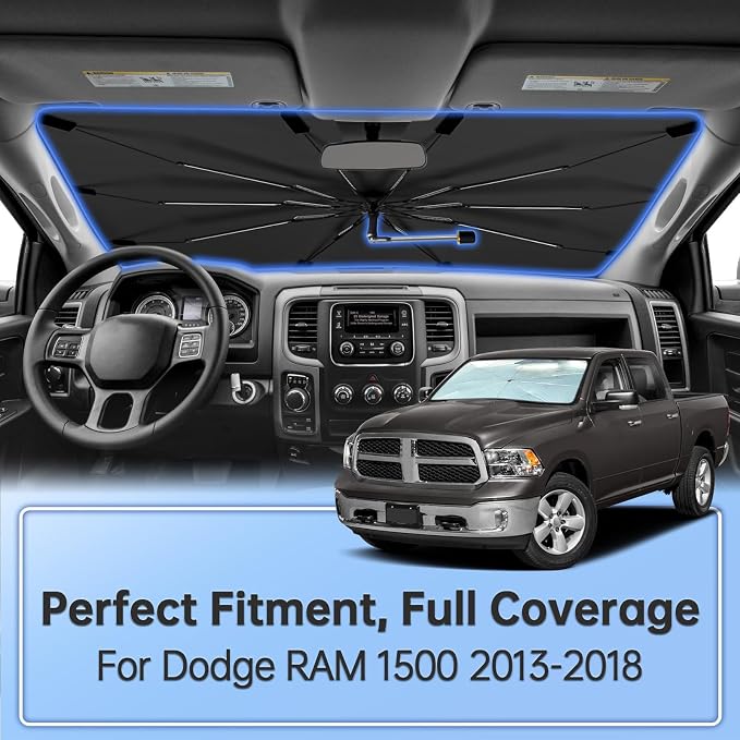 Windshield Sun Shade Umbrella for Dodge RAM 1500/2500 2013-2026 | Foldable Car Sunshade for Front Window, 360 Rotation Automotive Interior UV Protection for Outdoor Parking, Keep Car Cool - Image 2