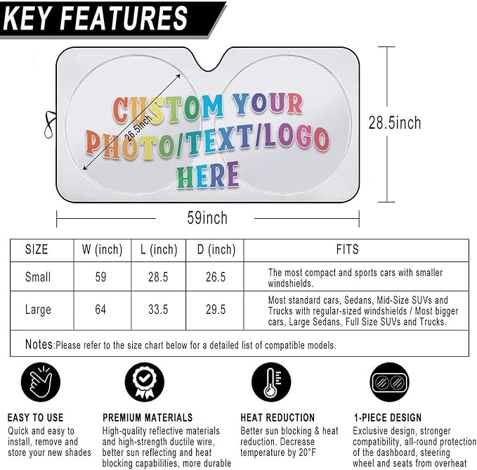 Custom Car Windshield Sunshade, 59''x28.5'' Personalized Sun Visor with Photo Text, Foldable Durable Shade Storage Pouch for Sedans SUV Trucks - Image 2