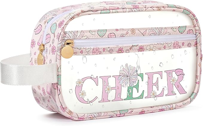 COSHAYSOO Clear CHEER Makeup Bag Cheerleader Team Gifts Cheerleading Hair Skincare Cosmetic Accessories Organizer for College Women Teen Girls, Small Waterproof Travel Pouch for Purses Backpack Tote by COSHAYSOO