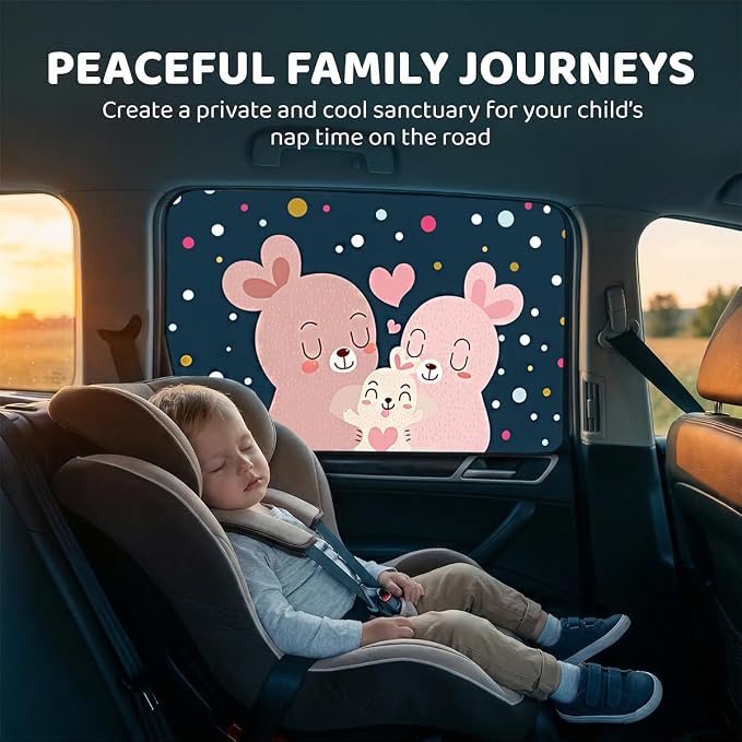 Magnetic Car Window Shade for Baby, Cartoon Pattern Automotive Side Window Blackout Curtain, Vehicle Sun Shade UV Privacy Protection Heat Blocking Cover, Universal Fit (Rabbit) - Image 4