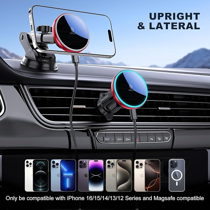 for Mag-Safe Car Mount Charger Dash Windshield Vent Magnetic Phone Holder | Wireless Car Charger with LED Light Car Phone Holder for iPhone 17 16 15 14 13 12 Series for MagSafe Red - Image 3