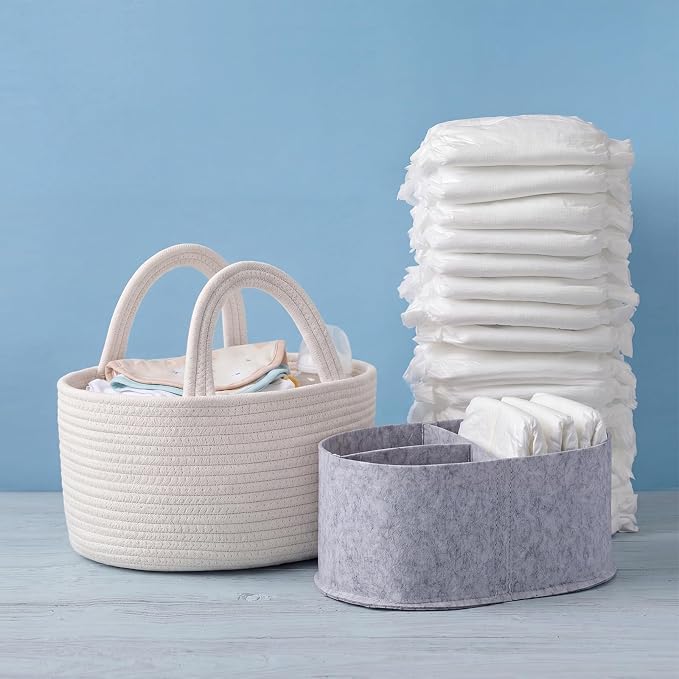 Thinkday 2-in-1 Baby Diaper Caddy Organizer - Cotton Rope Basket with Removable Felt Liner & Dividers, Portable Nursery Storage Bin for Changing Table & Car, or New Mom - Image 3