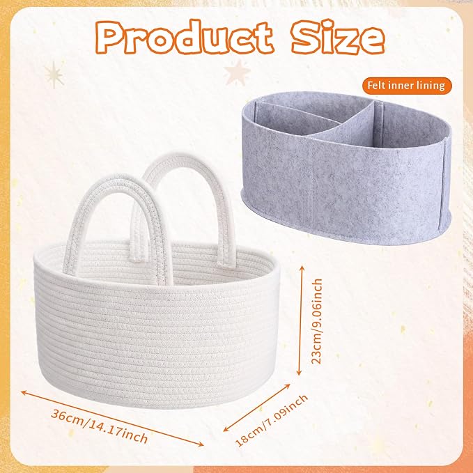 Thinkday 2-in-1 Baby Diaper Caddy Organizer - Cotton Rope Basket with Removable Felt Liner & Dividers, Portable Nursery Storage Bin for Changing Table & Car, or New Mom - Image 2