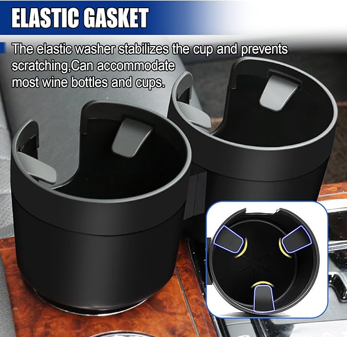 Car Double Cup Holder Extender, Multifunctional 2-in-1 Auto Drink Holder Insert with Adjustable Base, Portable Cup Holders Adapter, Universal Car Beverage Organizer for Bottle, Snack (Black) - Image 5