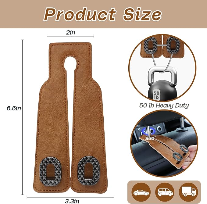 Car Headrest Hooks Universal Car Purse Hook Premium Leather and Alloy Twin Hook Car Seat Back Storage Hanger Hook for Purse Bags Cloth Drink Durable Holder Car Accessories (BH09-Brown-Black-4 Pcs) - Image 6
