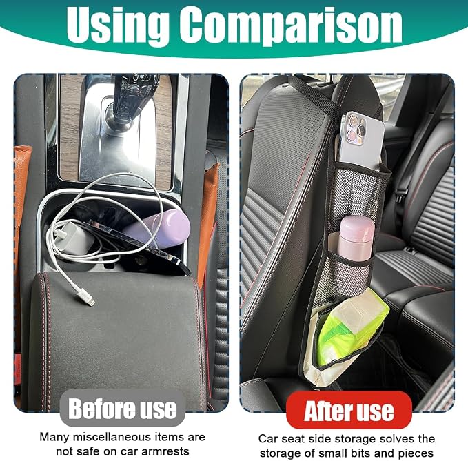 2PCS Car Seat Storage Hanging Bag, Car Seat Side Organizer, Multifunctional Cars Mesh Net Pocket, Multi-Pocket Seats Side Storage Interior Accessories Universal for Car SUV (Ivory White, 2PCS) - Image 5