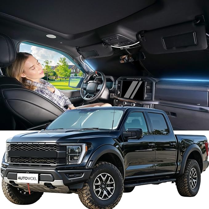 Cooling Windshield Sun Shade for Ford F150 2015-2026, 240T Beige, Foldable | Heat-Insulating Fabric, 99% UV Protection and Heat Insulation, Storage Bag Included, for Cars SUVs and Trucks, Easy to Store by AUTOWOEL