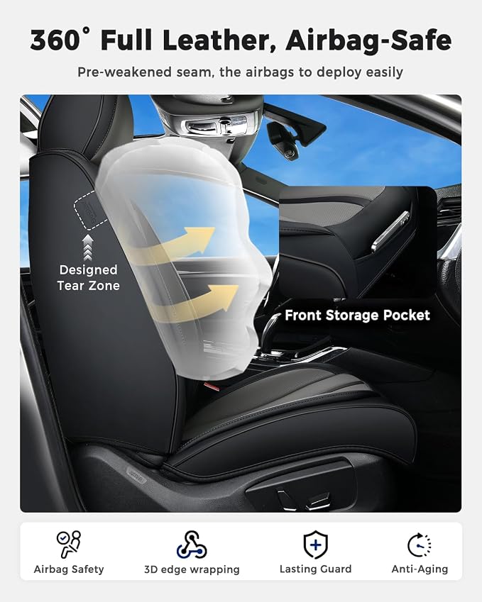 Huidasource Car Seat Covers Front Seats Luxury Nappa Leather, Front Seat Covers with Airbag, Front Storage Pocket, Lumbar Support, Cooling＆Heating, Universal Fit for Most Cars SUV Trucks, Black&Gray - Image 2