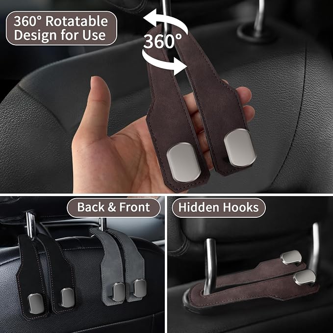 Car Purse Hook, Car Seat Headrest Hooks, Brown Leather 4 Pack | Car Purse Holder Hooks, Universal Car Hangers Seat Back Organizer Storage, Double Metal Hooks for Grocery Purses and Bags - Image 2