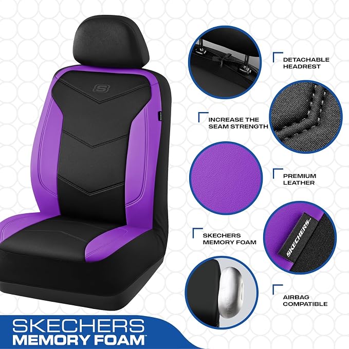 Skechers Memory Foam Seat Covers,Leather Car Seat Covers, Ultimate Comfort & Support Seat Covers Full Sets Airbag Compatible, Automotive Universal Fit Most for SUVs, Vans, Sedans, Cars, Trucks,Purple - Image 3