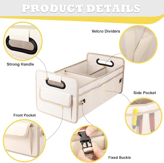 Car Trunk Organizer, Collapsible Car Organizers and Storage Large Beige | Sturdy, Strong Capacity, Clean Decor, Multi Compartment Container Box, Adjustable Car Accessories for SUV Sedan Truck - Image 2