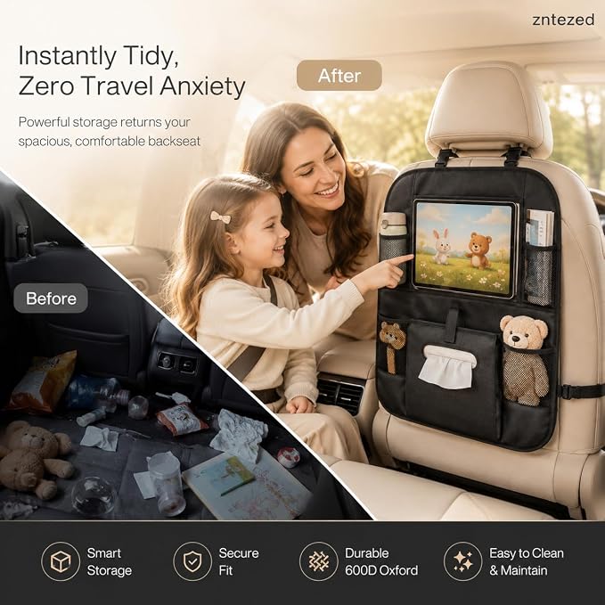 Car Backseat Organizer with 12 Storage Pockets, 12" Touch Screen Tablet Holder, Waterproof Kick Mats Seat Protector, Car Organizers and Storage for Kids, Road Trip Essentials（2 Pack，Black） - Image 4