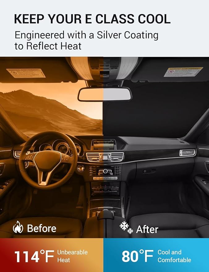 Proadsy Custom Fit 2010-2016 Benz E Class Windshield Sun Shade, Blocks Heat | 240T Heat Shield, Drops Temp 54°F, Blocks 99% UV, Prevents Dashboard Cracking, Summer Parking & Beach Trips, Easy Twist-Fold - Image 3