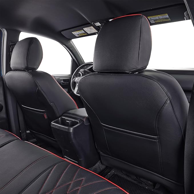 EKR Custom Fit Tacoma Leather Car Seat Covers for Toyota Tacoma 2012 2013 2014 2015 (TRD Sport Seats)- Full Set,Faux Leather(Black with Red Trim) - Image 4