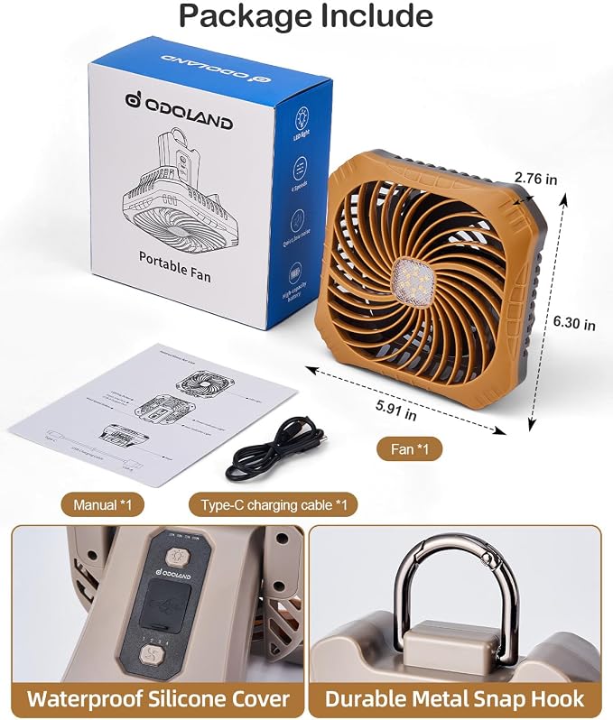 Odoland Portable Camping Fan with LED Lantern, 40H Rechargeable Battery Fan | Quiet Tent Fan with Hanging Hook for RV Car Beach Outdoor Hurricane Emergency Outages, 4-Speed Wind & 3-Color Light, Brown - Image 7