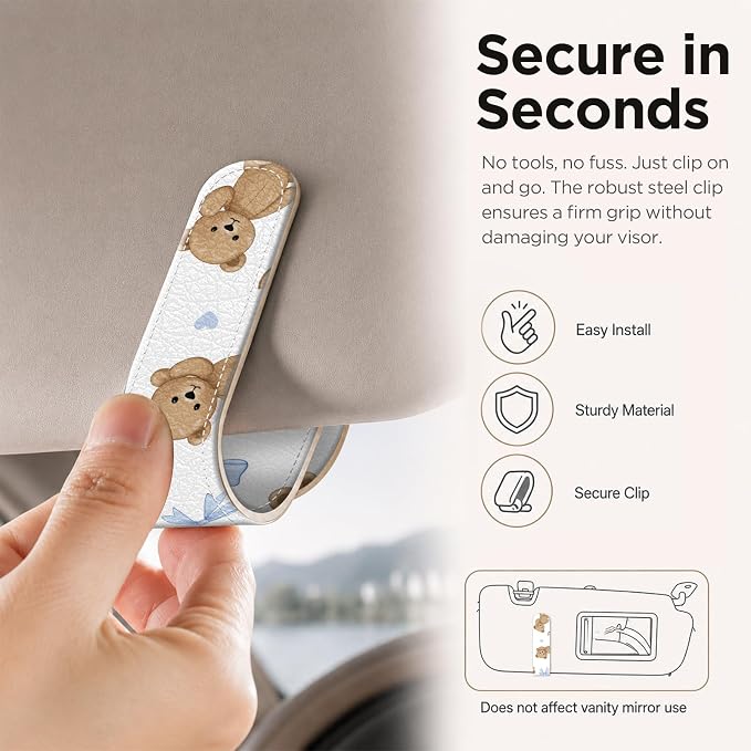 Sunglasses Holder for Car Visor, PU Leather Glasses Clip Organizer, Cute Magnetic Eyeglass Holder for Vehicle Sun Visor, Car Interior Accessory for Women & Men, Bear Bows - Image 4