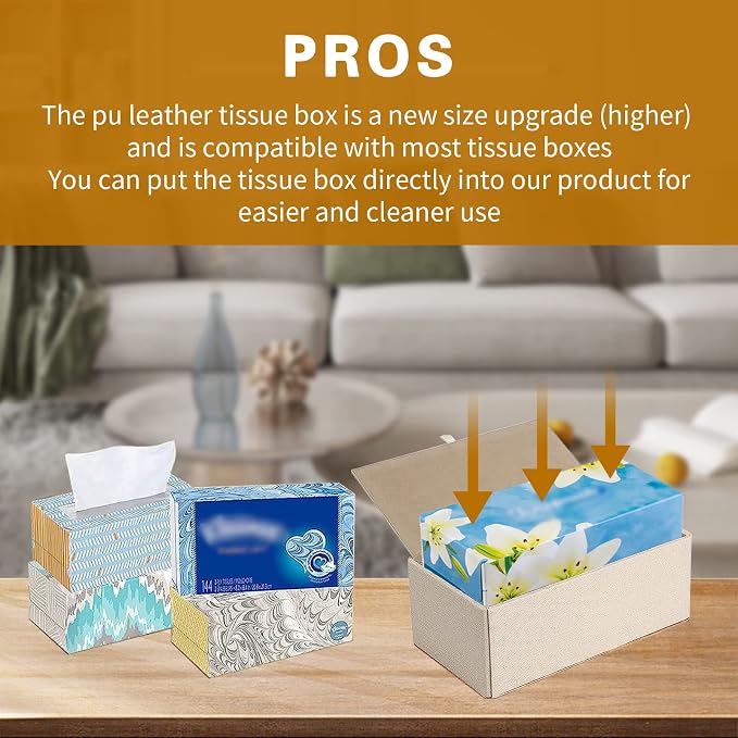 Tissue Box Cover Rectangle Tissue Box Holder PU Leather Facial Organizer with Magnetic Bottom,Decorative Napkin Caddy for Vanity Dresser Night Stand Table Countertop Home Office Car,Beige - Image 8