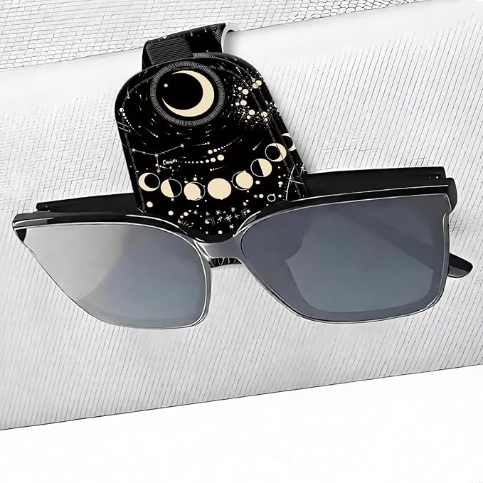 Leather Magnetic Sunglass Holder for Car Sun Visor, Cute Eyeglass Ticket Card Hanger Clip, Universal Auto Interior Accessories for SUV Pickup Truck, Celestial Moon by Unknown