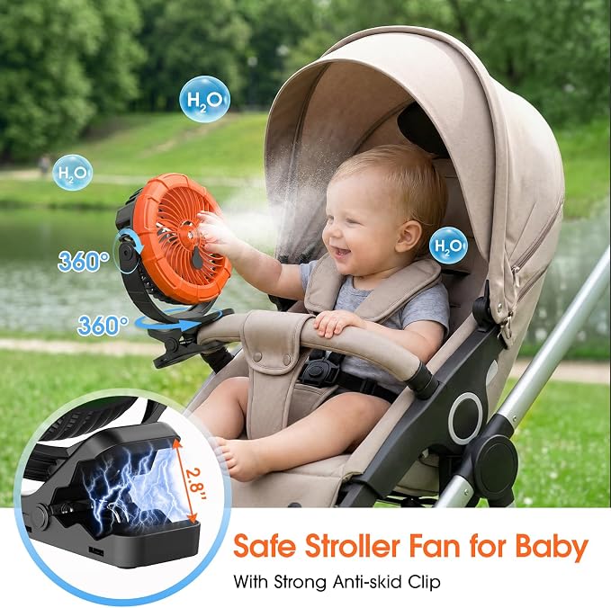 Ausic Misting Golf Cart Fans, Portable Magnetic Cruise Fan with Mist, [Max 45H Runtime] Outdoor Clip on Fan, Camping Stroller Fan with LED/Cooling Spray, Battery Rechargeable Fan for Travel/Beach - Image 4