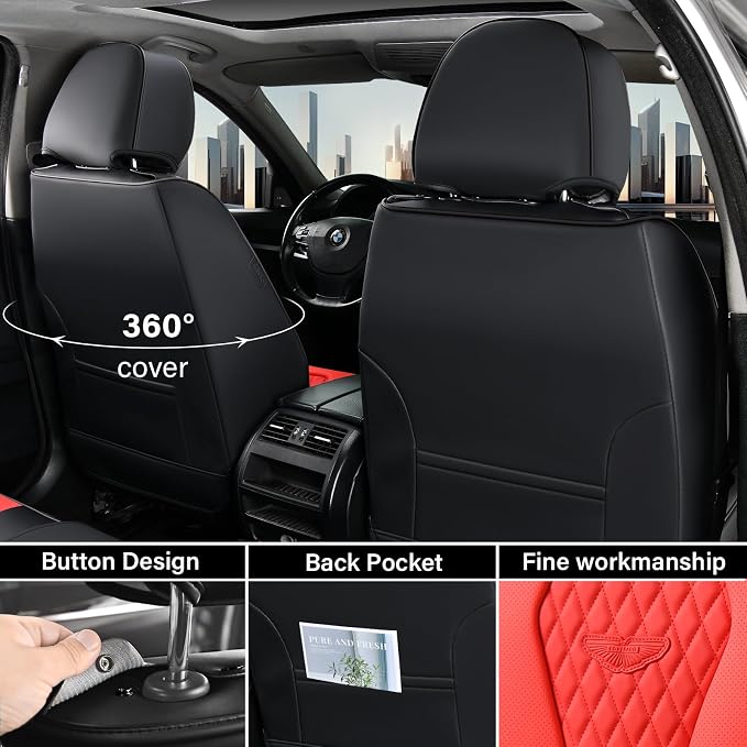 Coverado Car Seat Covers, Seat Covers Full Set, Red Car Seat Cover, Auto Seat Covers Front Seats Rear Seat Cover, Luxury Car Seat Cushion,Leather Seat Cover Seat Protector Universal Fit Most Cars - Image 3