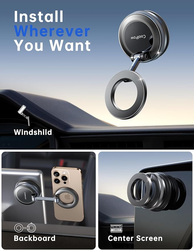 Coolpow【Newest Vacuum Magnetic Phone Holder for Car Phone Holder Mount【Movable Vacuum Suction】 Magsafe Car Mount Cell Phone Holders for Your Car Accessories for Women Men for iPhone 17 16 -Black - Image 2