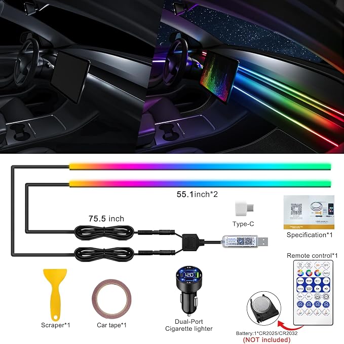 Dreamcolor Acrylic Interior Car LED Strip Light with USB/Type C/4-Port Cigarette Lighter, RGB 2 in 1 with 110.2 inches LEDs Ambient Lighting Kits, Sound Active Function Neon Led Strips for Car - Image 3