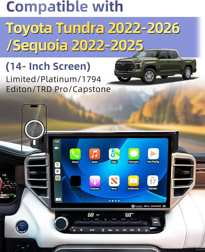 PZK Car Phone Mount for Toyota Tundra 2022-2026 /Sequoia 2023-2026 14-Inch | 3rd Gen Tudnra Accessories Magnetic 15W Fast Wireless Charger Phone Holder for Tundra Magsafe Phone Stand 360° Rotation - Image 2