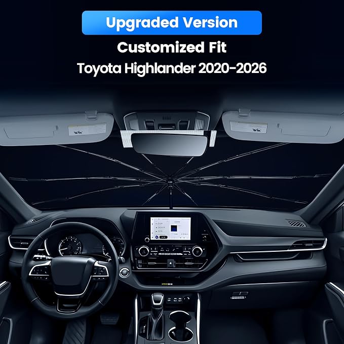 Windshield Sun Shade Umbrella Fit for Toyota Highlander 2020-2026 | Not for Grand Highlander Model, Foldable UV Protection, Emergency Rain Shield & Dashboard Protector - Durable Auto Accessory - Image 2