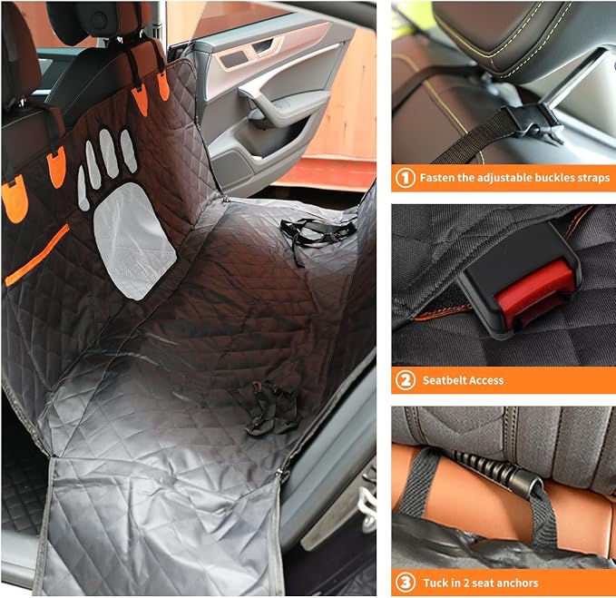 Dog Car Seat Cover,Back Seat Extender for Dogs,600D Heavy Dute Durable Car Seat Cover for Dogs Pets,100% Waterproof Back Seat Pet Cover for Dogs with Mesh Window, with Seatbelt,Trucks and SUVs - Image 4