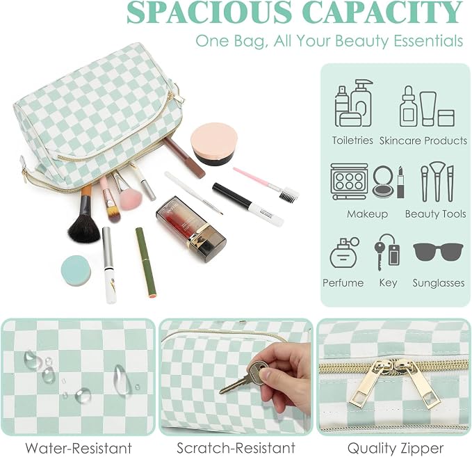 Fammart Travel Makeup Bag for Women, Waterproof Checkered Cosmetic Cosmetic Bag Make Up Organizer Case, Large Wide-open Toiletry Bag for Skincare, Brushes, Bathroom & Travel Essentials - Image 4