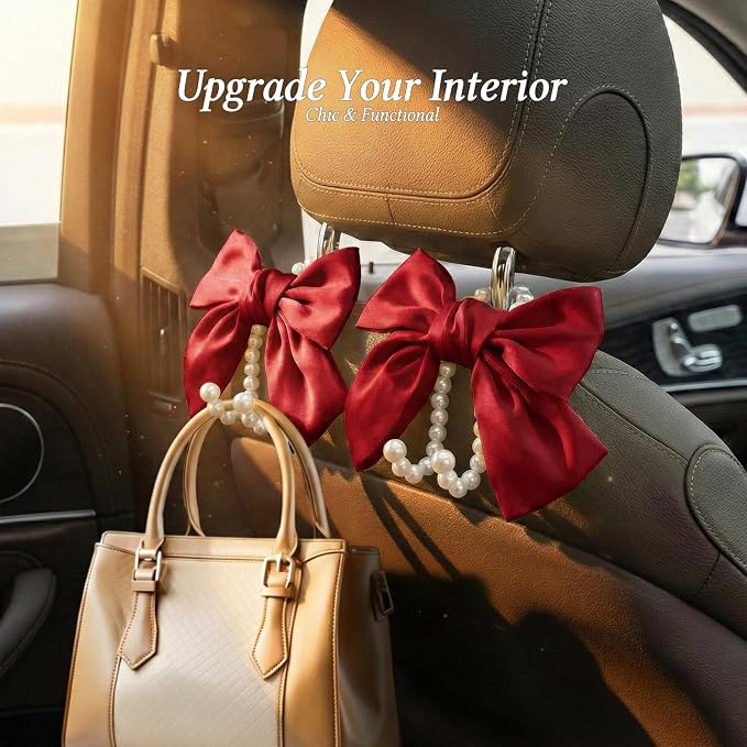 2PCS Satin Bow Pearl Car Seat Headrest Hooks – Car Bag Holder & Vehicle Hanger for Purses – Cute Coquette Aesthetic Interior Decoration – Cute Auto Organizer Accessories Universal (Red) - Image 2
