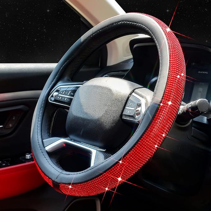 ChuLian New Diamond Leather Steering Wheel Cover with Bling Crystal | Universal Fit 15 Inch Car Wheel Protector for Women Girls with Bling Rhinestones Red Diamond - Image 2