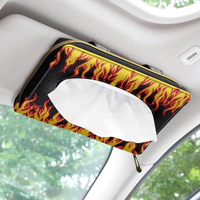 Biyejit Car Tissue Holder, Fire Flame PU Leather Hanging Paper Towel Box, Auto Napkin Holder Cover Paper Tissue Dispenser for Sun Visor & Backseat Vehicle - Image 2