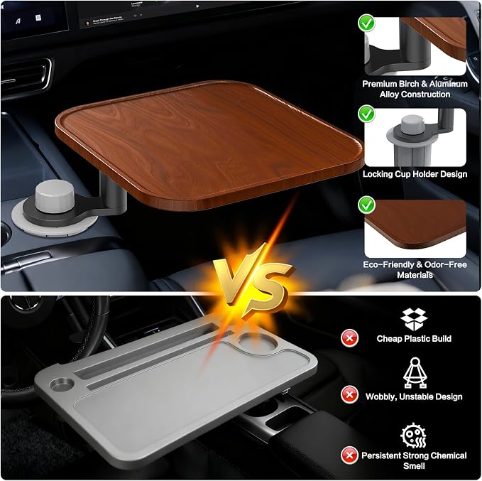 360° Rotation Car Desk for Laptop, Height-Adjustable Cup Holder Table, Wooden Car Food Tray & Laptop Mount Compatible with Tesla Model Y/3/S, Ford F150/Explorer/Maverick & Most Vehicles (Warm Walnut) - Image 5
