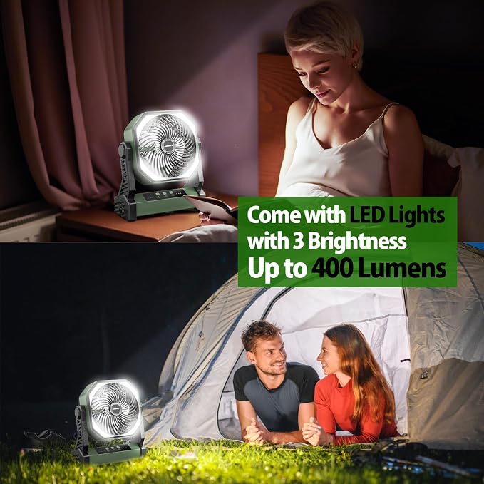 20000mAh Battery Powered Camping Fan, 58Hrs Rechargeable Portable Fan, 400LM Light, 360° Hook, Whisper Quiet Battery Operated Fan for Outdoor Car Travel Gear Essentials Power Outages Co-brand AMACOOL - Image 3