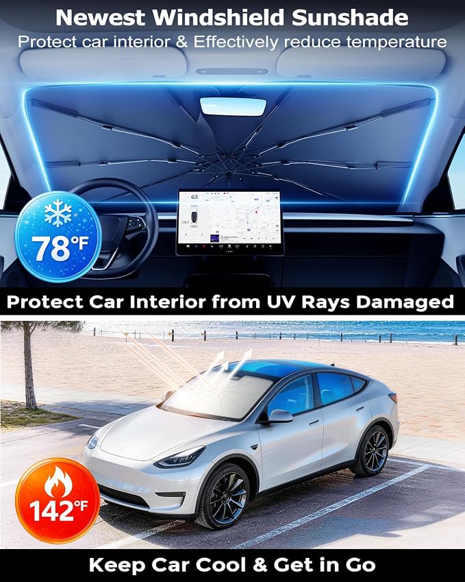 DMJN Umbrella Windshield Sun Shade for Truck, Car Sunshade for Front Windshield [Nano Ice-Crystal Coatings] UPF50+ Heat & UV Block, Protect Interior & Keep Cooler Universal for Truck & Large SUV - Image 2