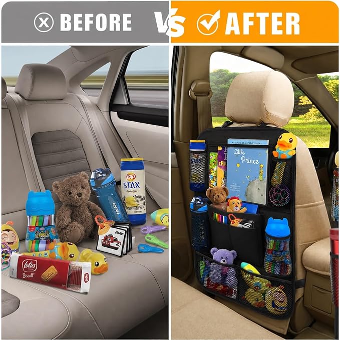 ULEEKA Car Backseat Organizer with 10" Table Holder, 9 Storage Pockets Seat Back Protectors Kick Mats for Kids Toddlers, Travel Accessories, 2 Pack (Black) | Car Organizers and Storage Kick Mats Back Seat Protector w/ Touch Screen Tablet Holder for Kid... - Image 3