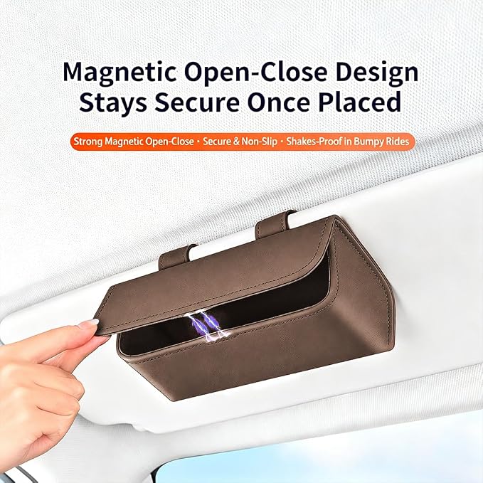Magnetic Car Sunglasses Holder - Beige Nappa Visor Glasses Case | One-Handed Eyeglass Clip for Large Frames heat-resistant storage for aviators & cards,damage-free,vanity mirror friendly - Image 4