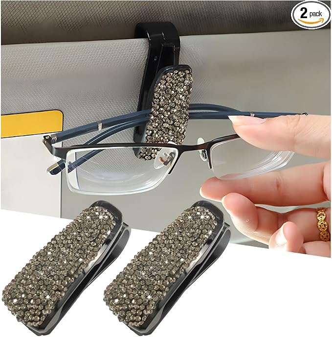 2 PCS Glasses Holders for Car Sun Visor, Bling Crystal Rhinestones Car Sunglasses Holder with Ticket Card Clip, Eyeglasses Hanger Mount for Women Girls, Car Interior Accessories (Gray) by Unknown