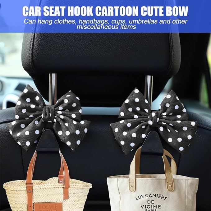 Mandark 2PCS Bow Car Headrest Hooks for Bags, Black/Polka Dot | PVC construction, clip-on installation keeps items off the floor, fits most cars, SUVs, and trucks, car interior accessories - Image 5
