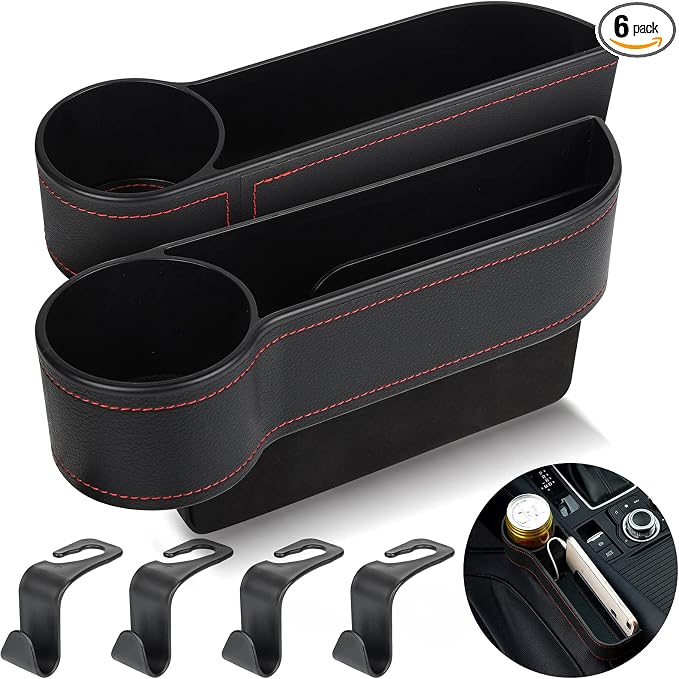 2 Set Car Seat Gap Organizer, Car Gap Filler Storage Boxes, PU Leather Front Seat Console Side Pocket Bags with Cup Holder 4 Hooks, Automotive Storage Box for Phone, Drinks, Cards, Sunglasses, Black by MilkyHouse