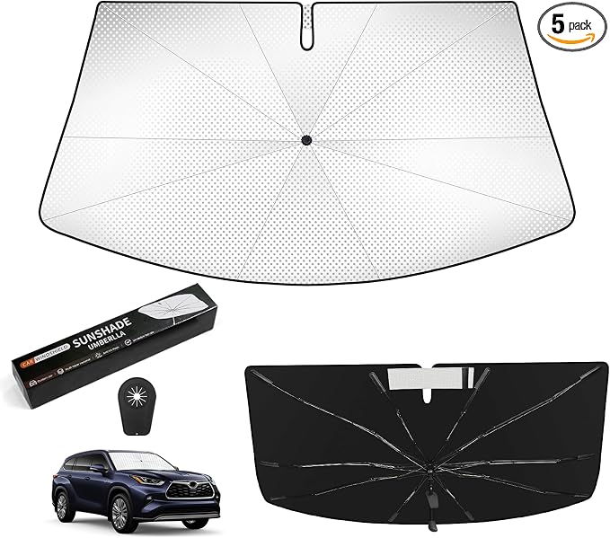 Windshield Sun Shade Umbrella Fit for Toyota Highlander 2020-2026 | Not for Grand Highlander Model, Foldable UV Protection, Emergency Rain Shield & Dashboard Protector - Durable Auto Accessory by VEENJOY