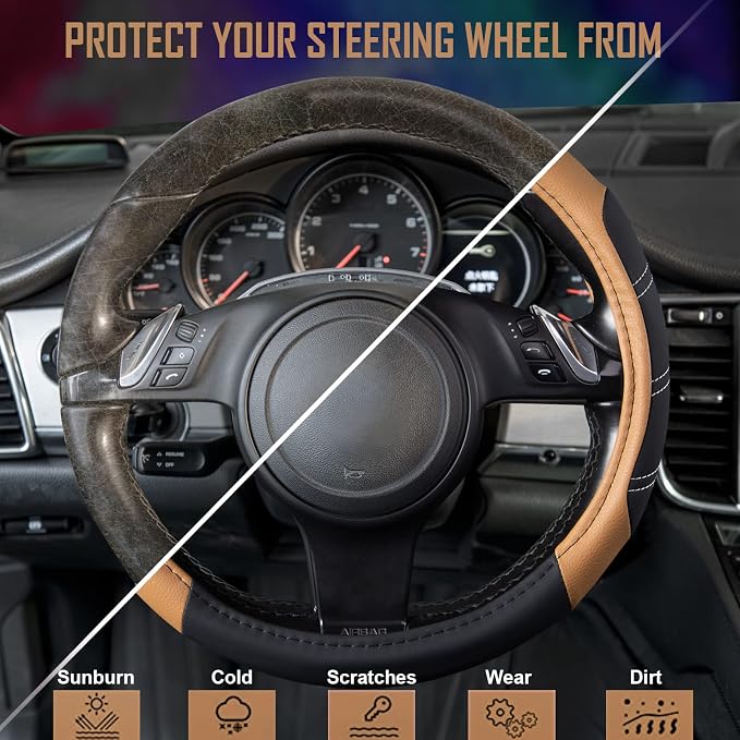CAR PASS Line Rider Microfiber Leather Sporty 14.5-15 inch Steering Wheel Cover Universal Fits for 95% Truck,SUV,Cars, Anti-Slip Safety Comfortable Design (Black Beige) - Image 5