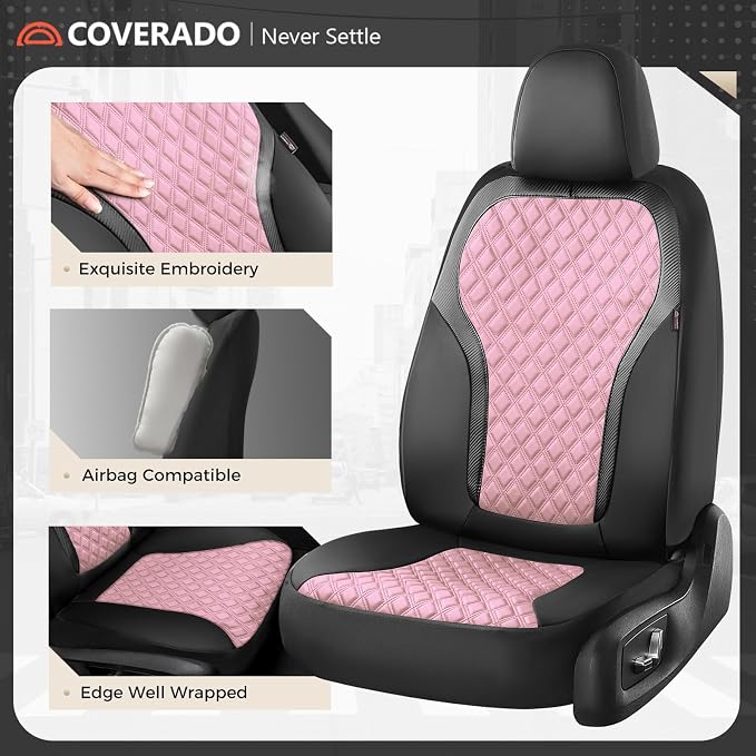 Coverado Car Seat Covers Full Set, Pink Car Seat Covers, Luxury Leather Car Seat Cover with Carbon Fiber Textured Design, Spill-Proof Seat Cushions, Automotive Seat Cover Universal Fit Most Cars - Image 5