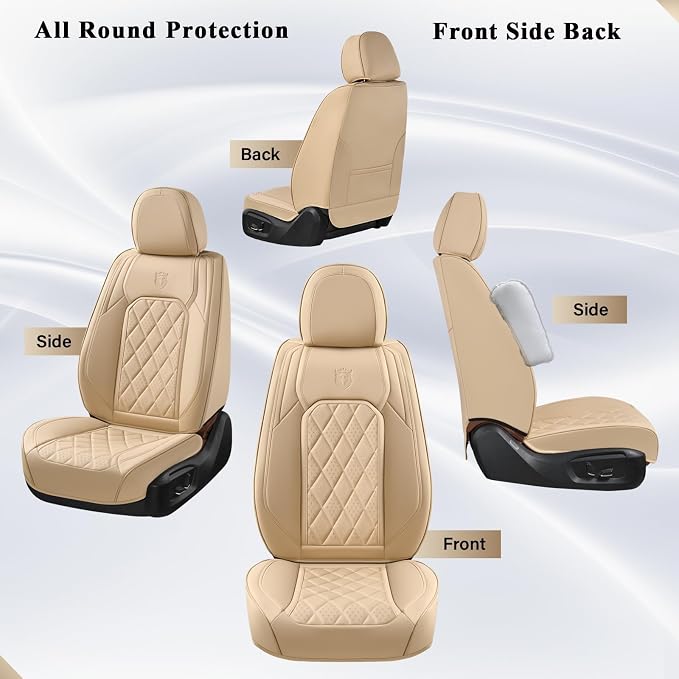 Coverado Front Seat Covers, Luxury Faux Leather Waterproof Seat Cover, Beige Car Seat Protector, Car Seat Cover Front Seats, Automotive Seat Covers Universal Fit for Most Cars (Front, Beige) - Image 7
