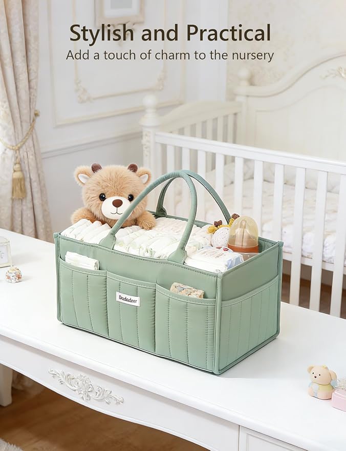 Quilted Diaper Caddy Organizer, Nursery Storage Basket with Dividers | Waterproof Caddy with Sturdy Handles, Portable for Changing Table or Car, Newborn Essentials, Baby Shower Gifts - Image 7