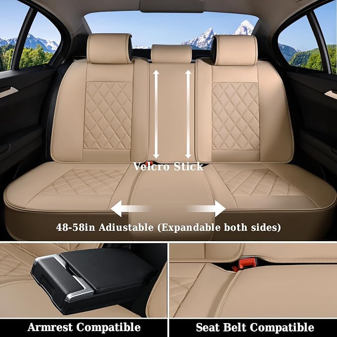 Coverado Leather Seat Covers, Car Seat Covers Full Set, Waterproof Faux Leather Beige Seat Covers, Car Seat Protectors 5 Seats, Automotive Seat Covers Universal Fit for Most Cars SUV Trucks, Beige - Image 2
