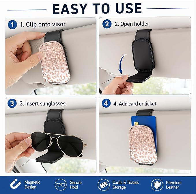Leather Magnetic Sunglass Holder for Car Sun Visor, Cute Eyeglass Ticket Card Hanger Clip, Universal Auto Interior Accessories for SUV Pickup Truck, Ombre Leopard - Image 5